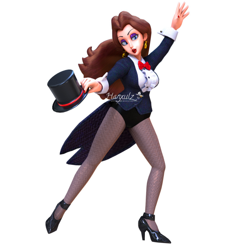 1girl, 2021, 3d, black_footwear, black_leotard, blue_eyes, bow, bowtie, breasts, brown_hair, buttons, dancing, donkey_kong_(series), dress_shirt, earrings, eyelashes, eyeshadow, fishnet_pantyhose, fishnets, gold_earrings, half-closed_eyes, hanxulz, hat, high_heels, highres, holding, holding_unworn_clothes, holding_unworn_hat, jewelry, leotard, looking_at_viewer, makeup, mario_(series), nintendo, pantyhose, pauline_(nintendo), purple_eyeshadow, red_bow, red_bowtie, red_lips, red_nails, shiny_footwear, shirt, smile, strappy_heels, tailcoat, top_hat, unworn_hat, unworn_headwear, watermark, white_shirt