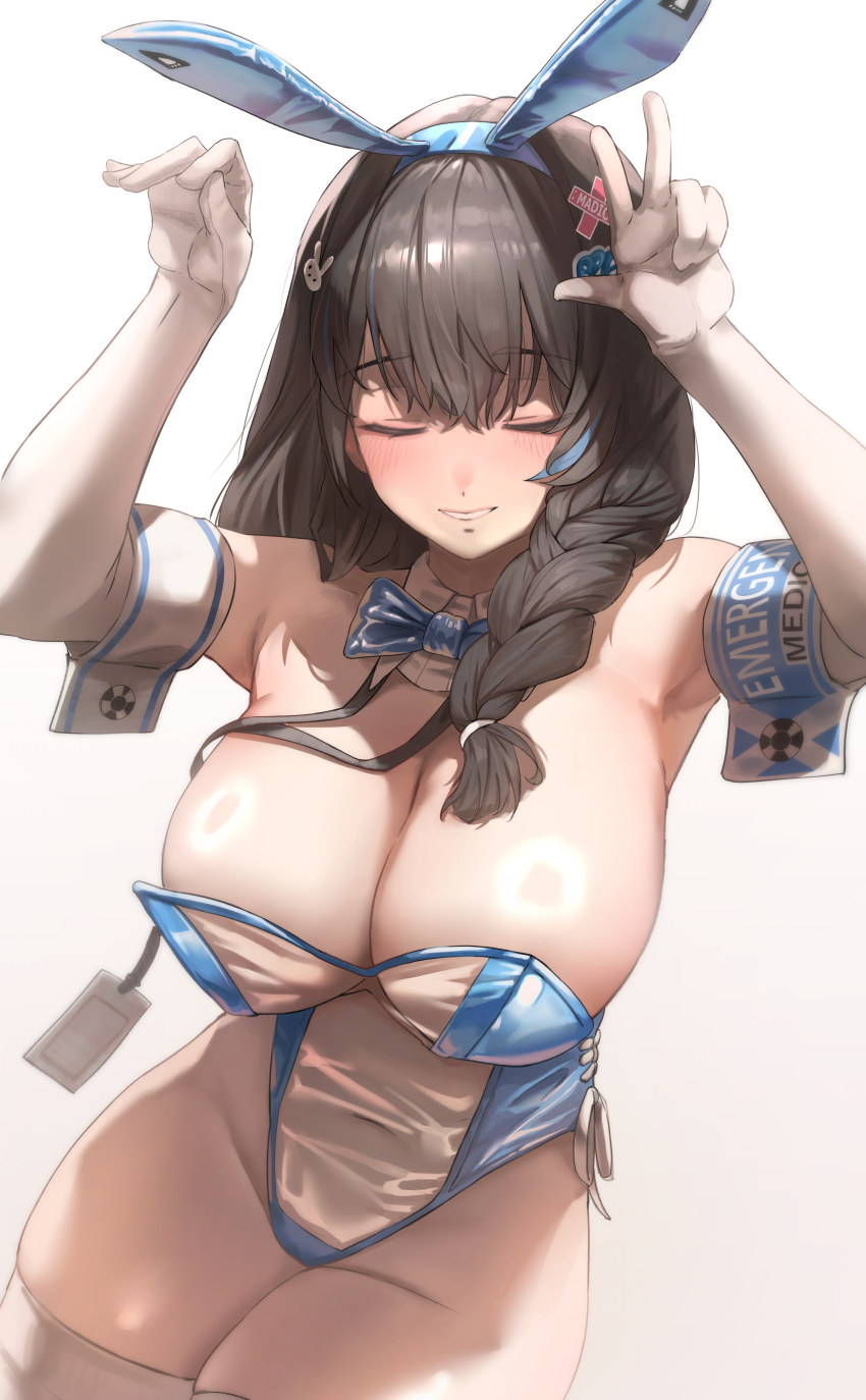 1girl, absurdres, animal_ear_hairband, animal_ears, bare_shoulders, black_hair, blue_bow, blue_bowtie
