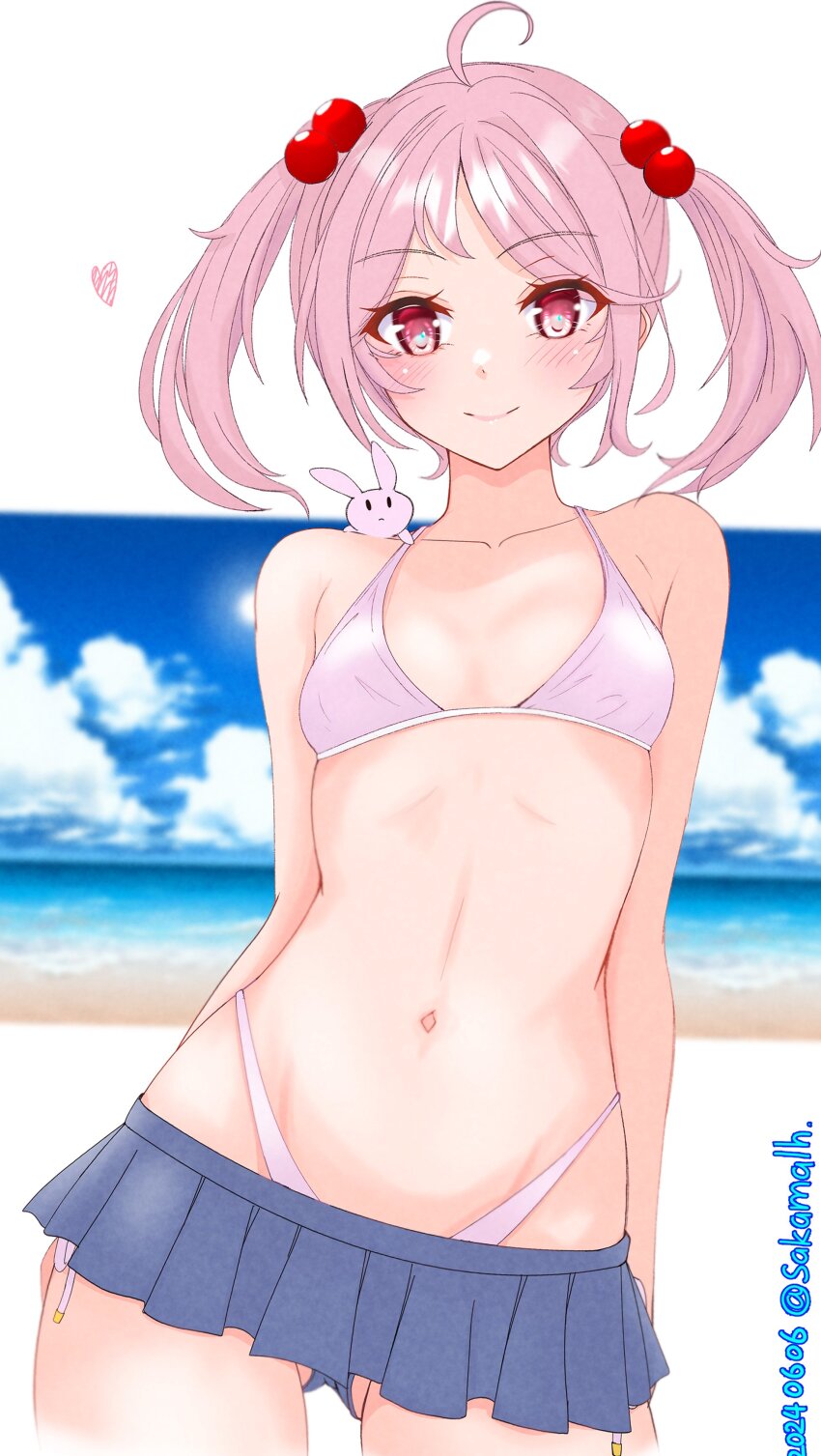 1girl, absurdres, ahoge, beach, bikini, blue_skirt, blue_sky, breasts