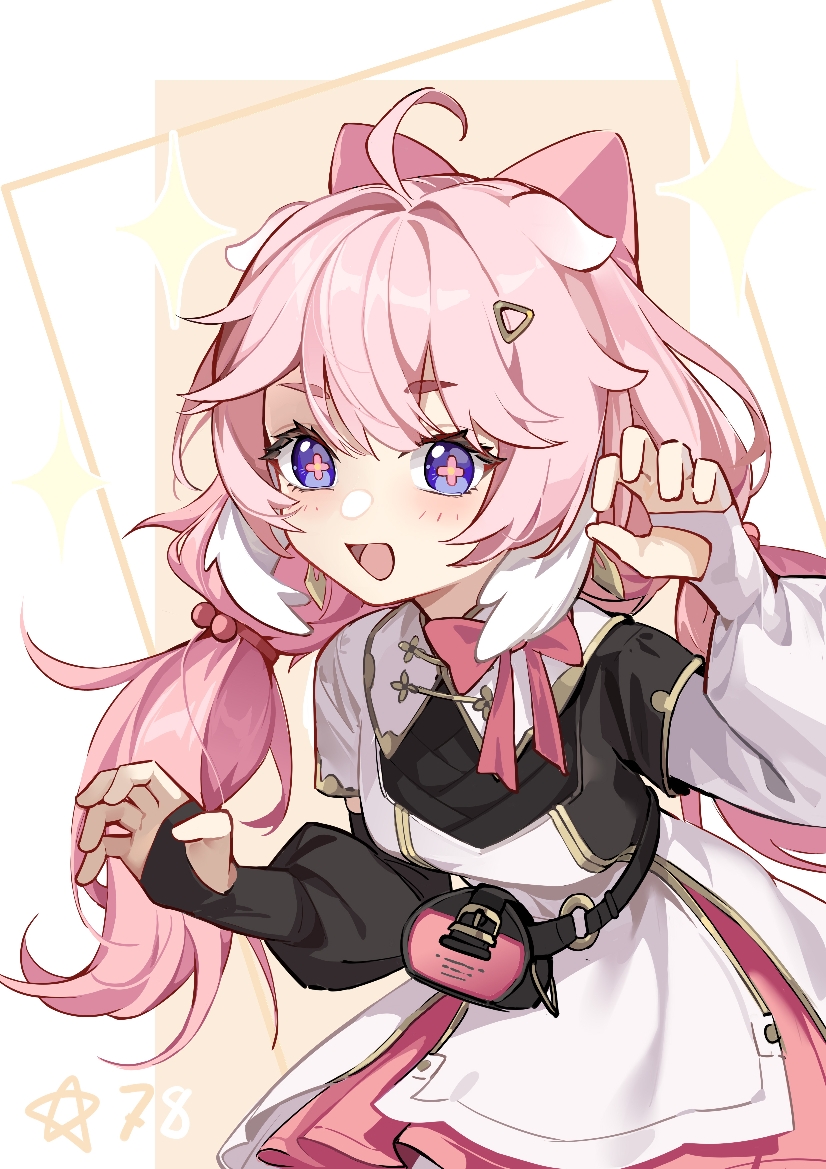 1girl, :d, ahoge, arm_warmers, bag, black_arm_warmers, black_bag, black_dress