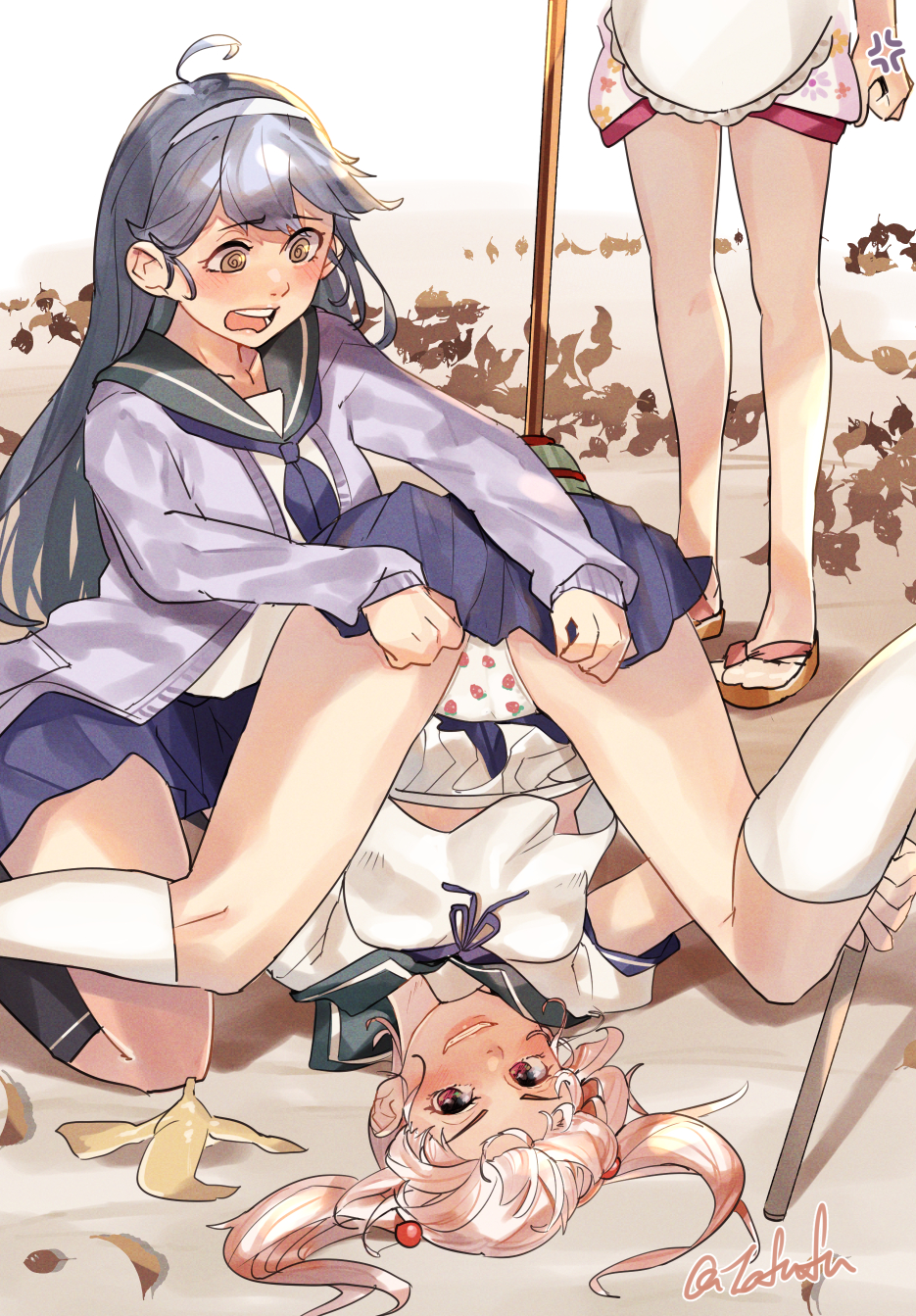 3girls, @_@, akebono_(kancolle), akebono_(new_year)_(kancolle), anger_vein, black_hair, blue_skirt, blush