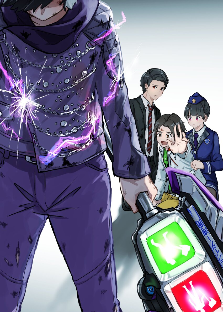 1girl, 3boys, absurdres, axe, black_hair, black_jacket, chase_(kamen_rider_drive), collared_shirt