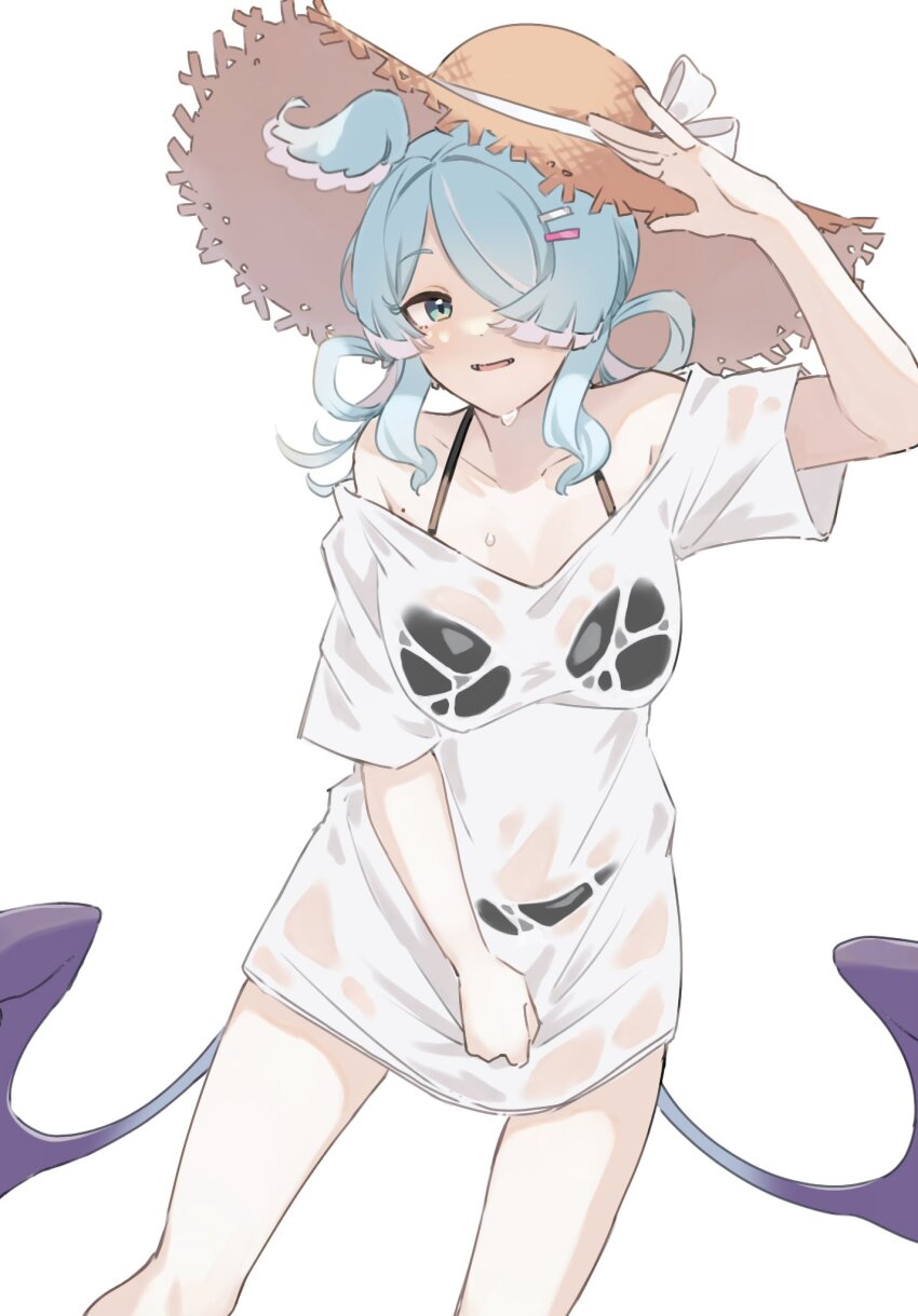 1girl, aqua_eyes, bare_shoulders, bikini, black_bikini, blue_hair, bow-shaped_hair, breasts