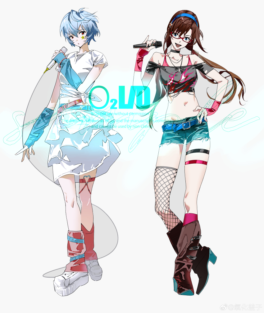 2girls, :o, absurdres, alternate_costume, ankle_belt, arm_warmers, asymmetrical_legwear, ayanami_rei