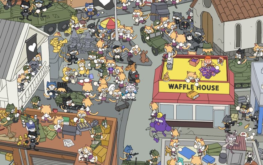 19vodnik, 6+girls, animal_ears, apron, armband, assault_rifle, bandana, baseball_cap