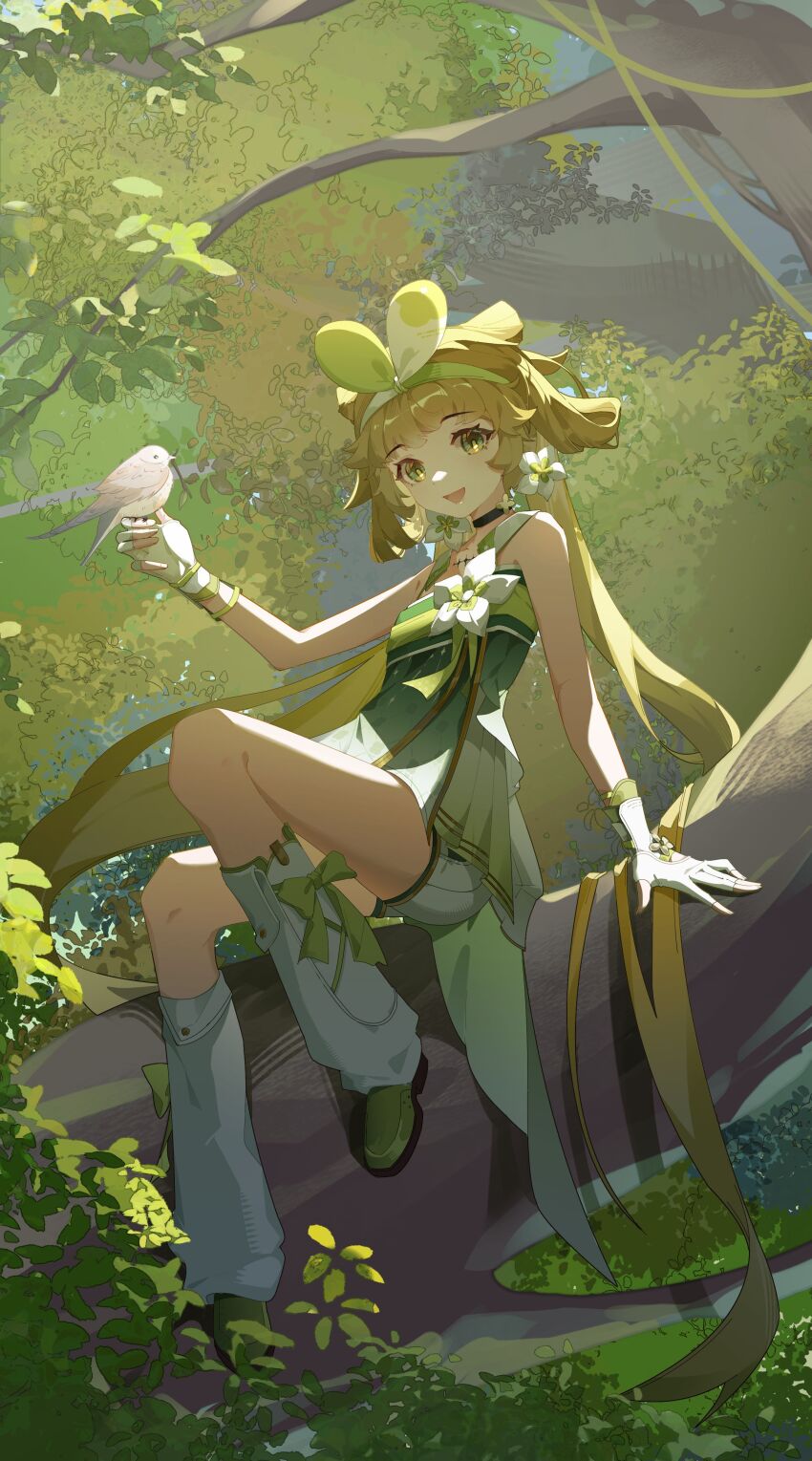 1girl, :d, absurdres, arm_support, bare_shoulders, bird, bird_on_hand, black_choker, blonde_hair, bow, branch, chinese_clothes, choker, collarbone, day, dress, earrings, eyelashes, fingerless_gloves, flower, flower_earrings, gloves, gradient_clothes, green_bow, green_dress, green_eyes, green_hairband, green_ribbon, green_shoes, hair_between_eyes, hair_ribbon, hairband, hand_up, hanfu, highres, in_tree, jewelry, leg_warmers, long_hair, looking_at_viewer, mizu_moku_shio, open_mouth, outdoors, plant, qixiong_ruqun, ribbon, shoes, short_shorts, shorts, shorts_under_dress, sidelocks, sitting, sitting_in_tree, sleeveless, sleeveless_dress, smile, solo, tacet_mark_(wuthering_waves), tree, twintails, verina_(wuthering_waves), very_long_hair, vines, white_flower, white_gloves, white_hairband, white_leg_warmers, white_ribbon, white_shorts, wuthering_waves