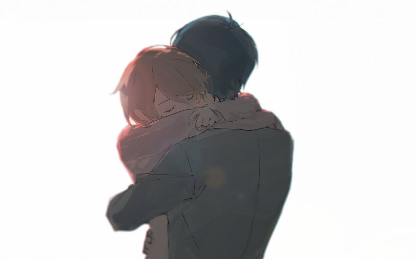 1boy, 1girl, arms_around_neck, arms_around_another's_waist, black_jacket, blue_hair, brown_hair, cardigan, closed_eyes, couple, dark_blue_hair, earrings, from_behind, hair_between_eyes, highres, hug, jacket, jewelry, long_sleeves, pearl_earrings, persona, persona_3, persona_3_reload, pink_cardigan, short_hair, stud_earrings, swept_bangs, takeba_yukari, upper_body, white_background, yosora, yuuki_makoto_(persona_3)