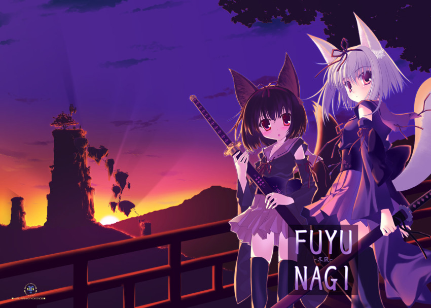 2girls, animal_ears, blush, ice_&amp;_choco, landscape, multiple_girls, nanao_naru, skirt