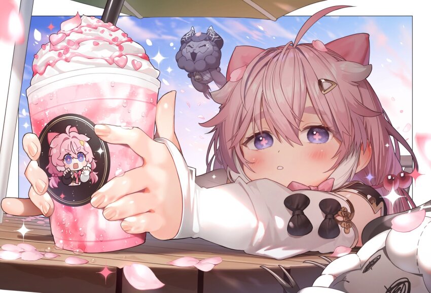 1girl, ahoge, arm_warmers, black_arm_warmers, black_bow, blue_eyes, blue_sky, blush