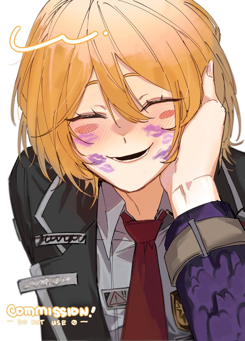 2girls, absurdres, badge, black_coat, black_vest, blonde_hair, blush, closed_eyes, coat, collared_shirt, commentary, commission, don_quixote_(project_moon), english_commentary, english_text, facing_viewer, highres, iori_(project_moon), library_of_ruina, limbus_company, lipstick_mark, lipstick_mark_on_face, multiple_girls, necktie, open_mouth, pov, pov_hands, project_moon, red_necktie, shirt, short_hair, simple_background, smile, vest, white_background, white_shirt, zygyzy_031