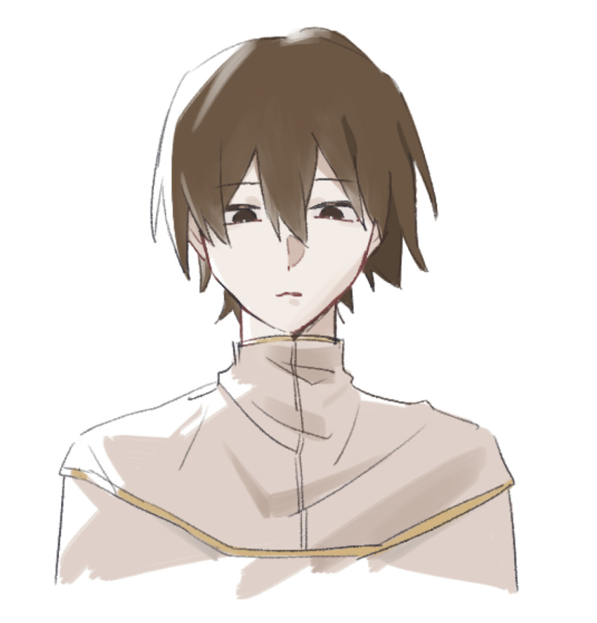 1boy, ai019768, brown_eyes, brown_hair, capelet, closed_mouth, commentary, gold_trim, hair_between_eyes, highres, jabuchi_you, male_focus, pale_skin, portrait, saibou_shinkyoku, shirt, short_hair, simple_background, solo, white_background, white_capelet, white_shirt