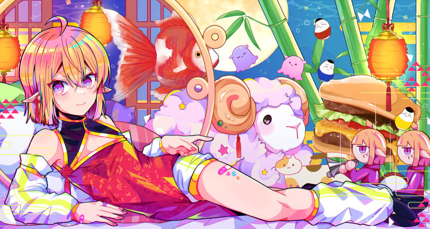 1boy, absurdres, ahoge, air_bubble, artist_collaboration, bamboo, bandaid, bandaid_on_hand