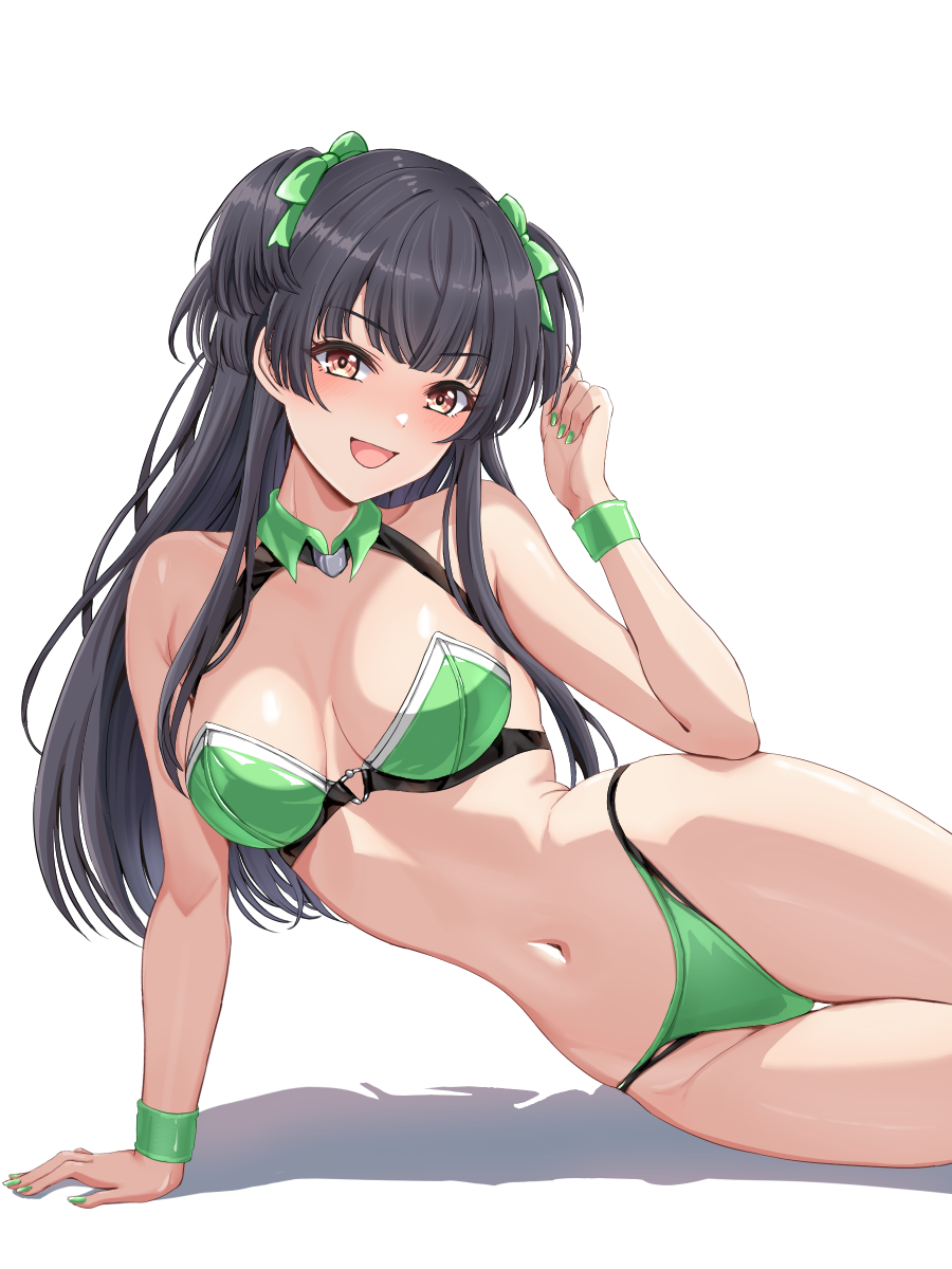1girl, :d, arm_support, bare_arms, bare_legs, bikini, black_hair, blunt_bangs