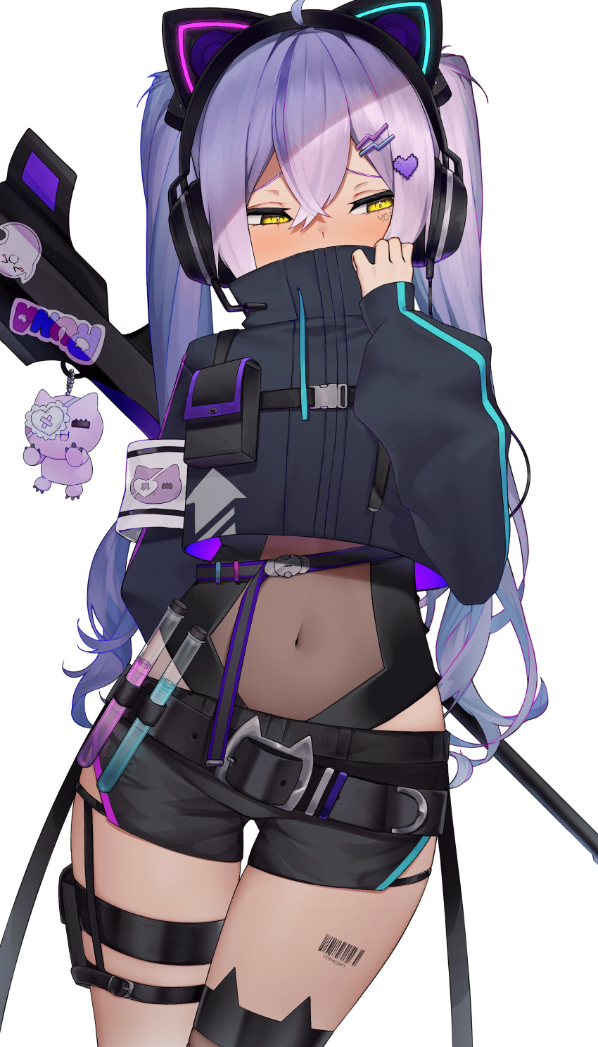 1girl, absurdres, amatou_(ko_me_9), animal_ear_headphones, animal_ear_legwear, animal_ears, armband, barcode, barcode_tattoo, belt, black_belt, black_jacket, black_leotard, black_shorts, blue_hair, cat_ear_headphones, cat_ear_legwear, cat_ears, character_name, chest_belt, chest_harness, covering_own_mouth, cowboy_shot, cropped_jacket, crossed_bangs, facial_tattoo, fake_animal_ears, gradient_hair, gun, hair_between_eyes, hair_ornament, hairclip, harness, headphones, heart, heart_hair_ornament, high_collar, highleg, highleg_leotard, highres, holster, jacket, leg_tattoo, leotard, loose_belt, multicolored_hair, navel, purple_hair, rifle, see-through_clothes, see-through_leotard, shinomiya_runa, shinomiya_runa_(3rd_costume), shorts, side_slit, simple_background, sniper_rifle, solo, stomach, streaked_hair, stuffed_animal, stuffed_cat, stuffed_toy, tattoo, thigh_holster, thigh_strap, twintails, vial, virtual_youtuber, vspo!, weapon, white_background, yellow_eyes