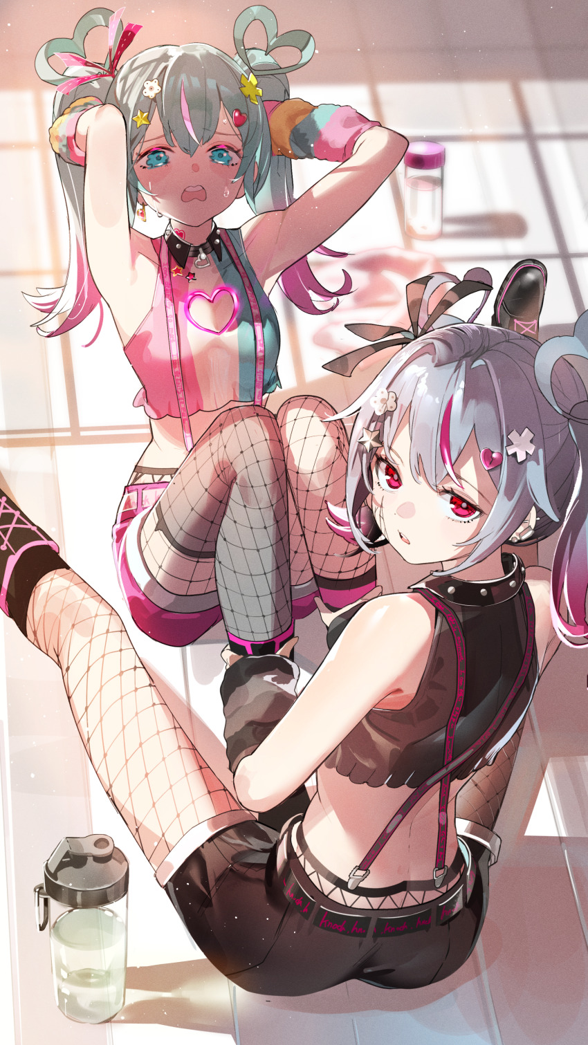 2girls, absurdres, arm_warmers, arms_behind_head, arms_up, bare_shoulders, black_choker, black_footwear, black_shirt, black_shorts, blue_eyes, blue_hair, bottle, breasts, broken_heart, broken_heart_hair_ornament, choker, clothing_cutout, commentary, criss-cross_suspenders, cropped_shirt, day, deco_miku, deco_miku_(darkness), ear_piercing, exercising, fishnet_pantyhose, fishnets, foot_out_of_frame, full_body, gradient_hair, grey_thighhighs, hair_ornament, hatsune_miku, heart, heart_cutout, heart_hair_ornament, highres, indoors, leg_grab, long_hair, looking_at_viewer, looking_back, midriff, multicolored_hair, multicolored_shirt, multiple_girls, nik_ibi, pantyhose, piercing, pink_hair, pink_shorts, red_eyes, shadow, shirt, shorts, sidelighting, single_thighhigh, sit-up, sleeveless, sleeveless_shirt, spread_legs, star_(symbol), star_hair_ornament, streaked_hair, sunlight, suspender_shorts, suspenders, sweat, teeth, thighhighs, twintails, upper_teeth_only, vocaloid, water_bottle