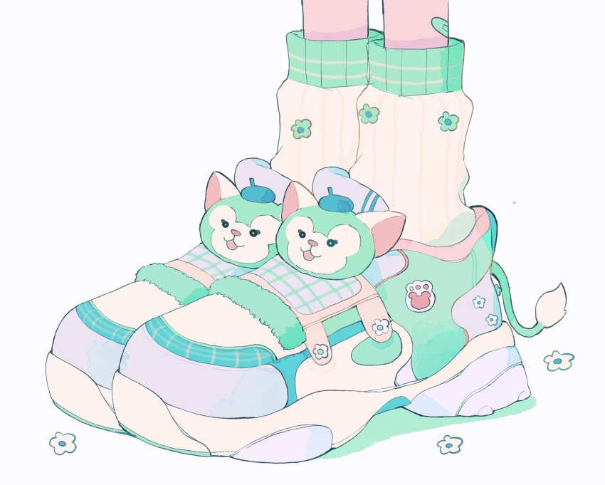 analogous_colors, aqua_trim, disney, flower, footwear_focus, gelatoni, green_footwear, grid_print