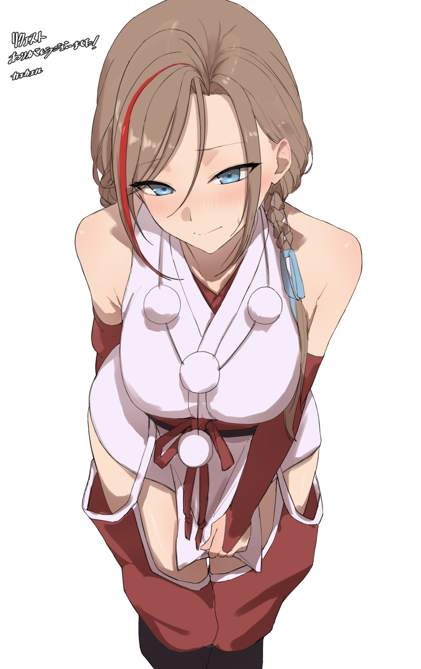 1girl, absurdres, bare_shoulders, black_sash, blue_eyes, blush, braid, braided_twintails