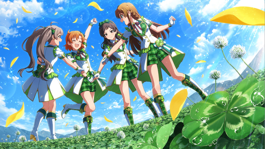 4girls, ahoge, arm_up, blue_eyes, boots, bow, braid, brown_eyes