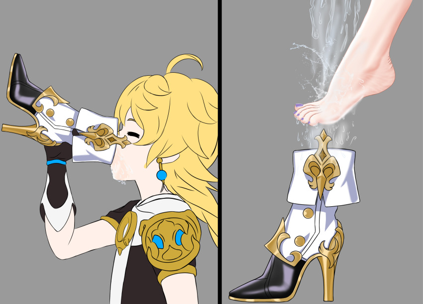 1boy, 1girl, absurdres, aether_(genshin_impact), barefoot, boots, brice, clorinde_(genshin_impact), closed_eyes, drinking, feet, foot_drink, genshin_impact, highres, shoes, single_boot, single_shoe, toes, unworn_boots, unworn_shoes, water