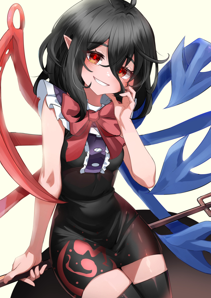 1girl, amane_alice, asymmetrical_wings, black_dress, black_hair, black_thighhighs, blue_wings, blush
