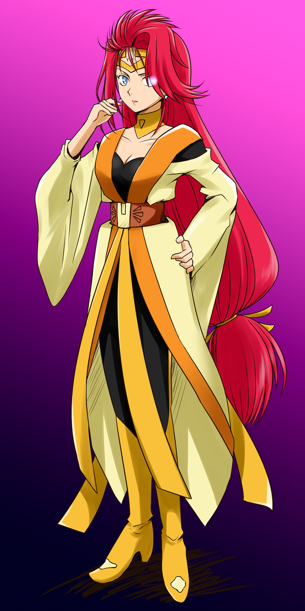 1girl, blue_eyes, boots, breasts, circlet, cleavage, enma_(granzort), gradient_background, hand_on_own_hip, hand_up, highres, hosobozo_(user_jtzh8832), long_hair, long_sleeves, low-tied_long_hair, madou_king_granzort, medium_breasts, pink_background, red_hair, solo, standing, very_long_hair, yellow_boots