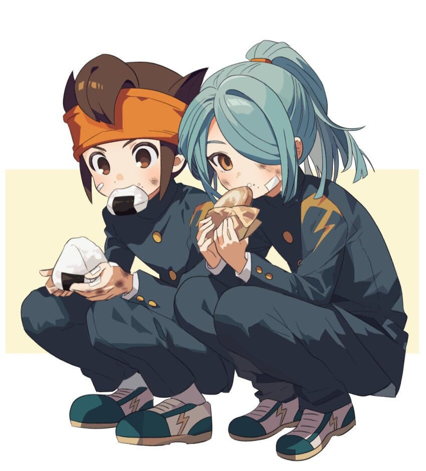 2boys, androgynous, aqua_hair, bandaid, bandaid_on_cheek, bandaid_on_face, black_jacket, black_pants