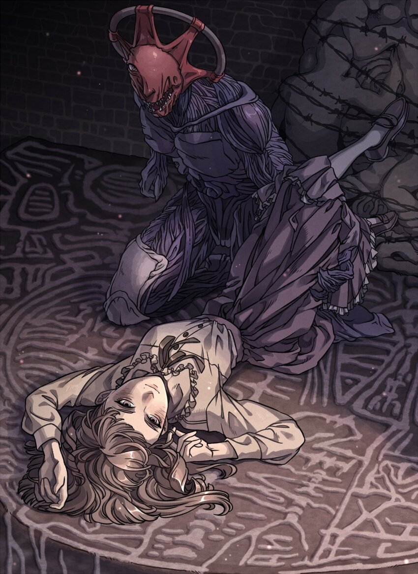 1girl, 1other, barbed_wire, brick_wall, brown_hair, commentary, corpse, dysmorphia_(fear_&amp;_hunger), fear_&amp;_hunger, fear_&amp;_hunger_(series), fear_&amp;_hunger_2:_termina, frilled_shirt_collar, frills, highres, kneeling, loafers, long_hair, long_skirt, long_sleeves, looking_at_viewer, lying, marina_(fear_&amp;_hunger), monsterification, muscular, neck_ribbon, on_back, one-eyed, pile_of_corpses, ribbon, samarie_(fear_&amp;_hunger), shirt, shoes, skirt, socks, wenny02, white_shirt, white_socks