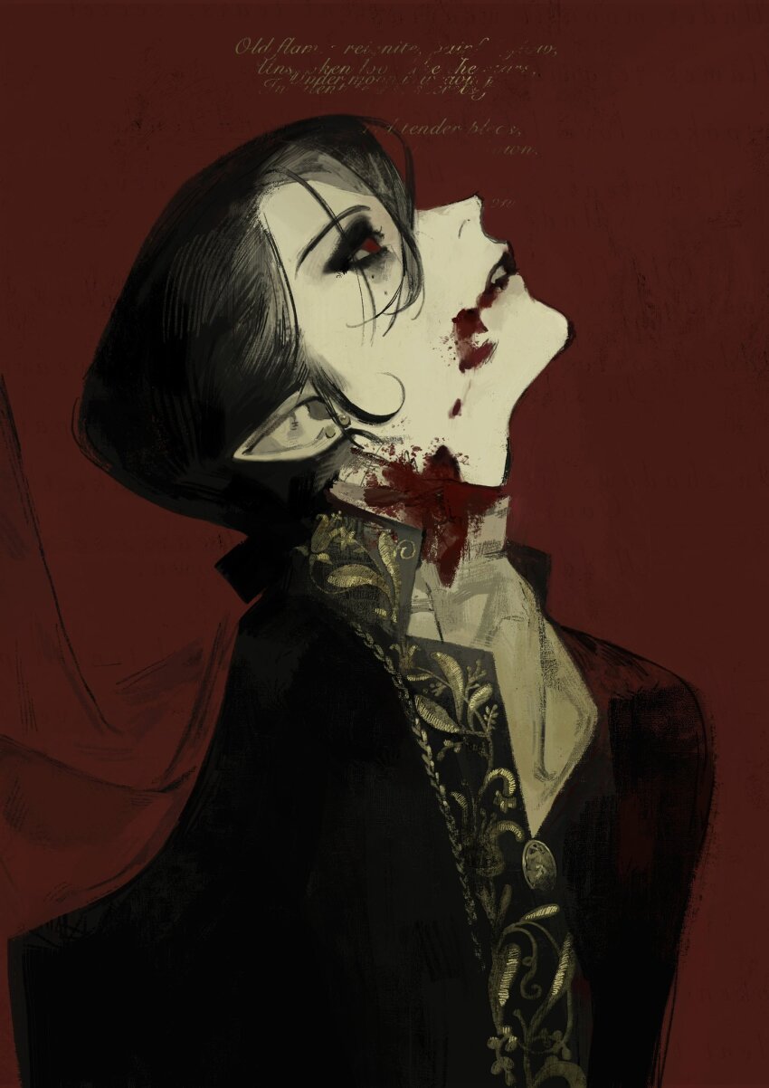 1boy, androgynous, ascot, baichuan_baichuan, black_hair, black_jacket, blood, blood_from_mouth