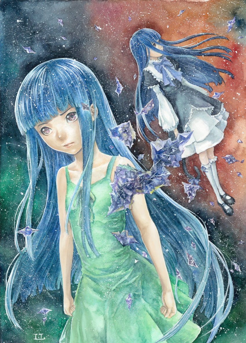 2girls, absurdres, bare_shoulders, black_dress, black_footwear, blue_hair, blunt_bangs, bow, cat_tail, clenched_hands, closed_mouth, collarbone, dress, dress_bow, dual_persona, flat_chest, floating_hair, frederica_bernkastel, frilled_dress, frilled_sleeves, frills, full_body, furude_rika, green_dress, highres, higurashi_no_naku_koro_ni, kakera, kneehighs, layered_dress, lolita_fashion, long_hair, long_sleeves, looking_to_the_side, mary_janes, multiple_girls, munakanoritagi, painting_(medium), puffy_long_sleeves, puffy_sleeves, purple_eyes, ribbon, shoes, sidelocks, signature, sleeveless, sleeveless_dress, socks, spoilers, tail, tail_ornament, tail_ribbon, traditional_media, two-tone_dress, umineko_no_naku_koro_ni, very_long_hair, watercolor_(medium), white_socks