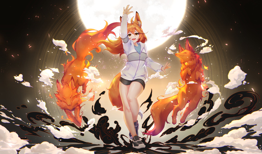 1girl, ahoge, animal, animal_ears, arm_up, backlighting, black_background, black_shorts