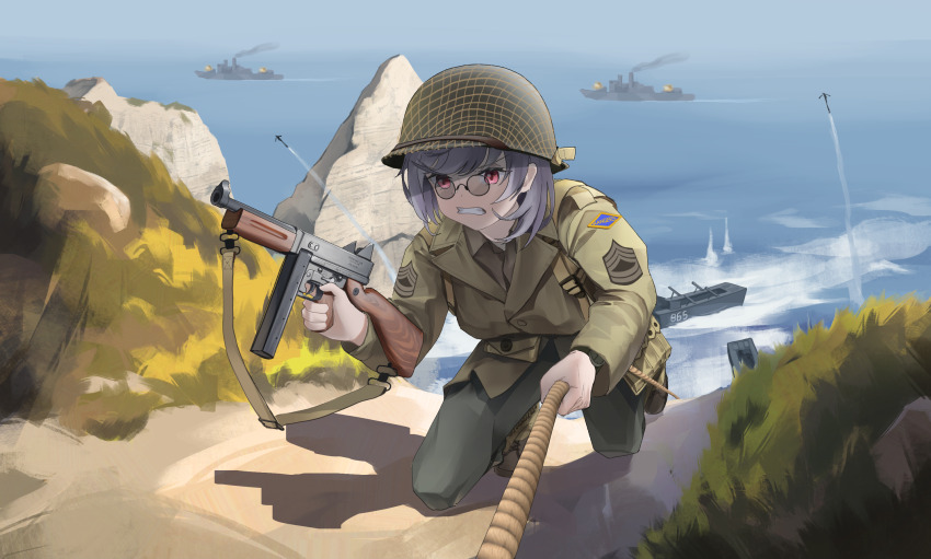 1girl, angry, battle, climbing, combat_helmet, d-day, gewehrbroker, girls'_frontline