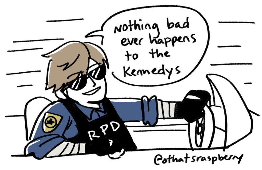 1boy, car, clone_high, curtained_hair, english_text, fingerless_gloves, gloves, leon_s._kennedy