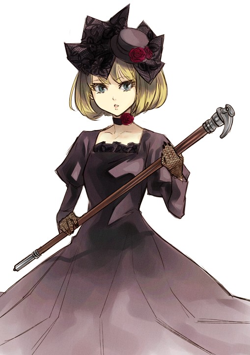 1girl, black_choker, black_dress, black_eyes, black_hat, black_nails, blonde_hair, cane