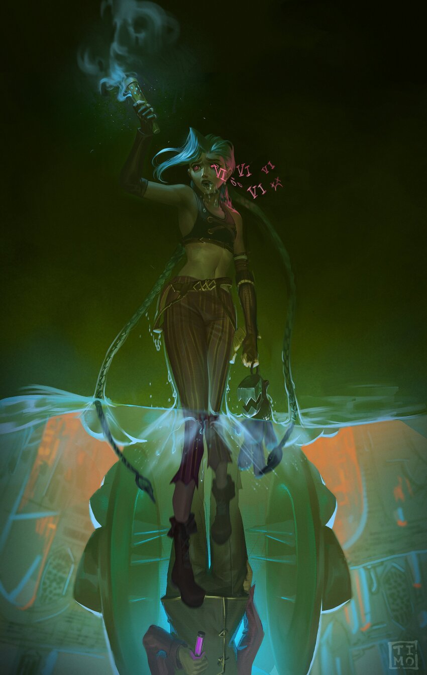 1girl, absurdres, arcane:_league_of_legends, arcane_jinx, arm_tattoo, asymmetrical_bangs, braid, brown_choker, choker, cloud_tattoo, dreadlocks, gatling_gun, hextech_gemstone, highres, jinx_(league_of_legends), league_of_legends, minigun, pants, pink_pants, shoulder_tattoo, silco_(arcane), stomach_tattoo, striped_clothes, striped_pants, tattoo, timo_(timotimo628), twin_braids, water