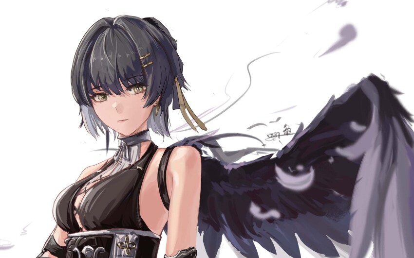 1girl, bare_shoulders, black_wings, breasts, chinese_commentary, commentary, eyeliner, feathered_wings