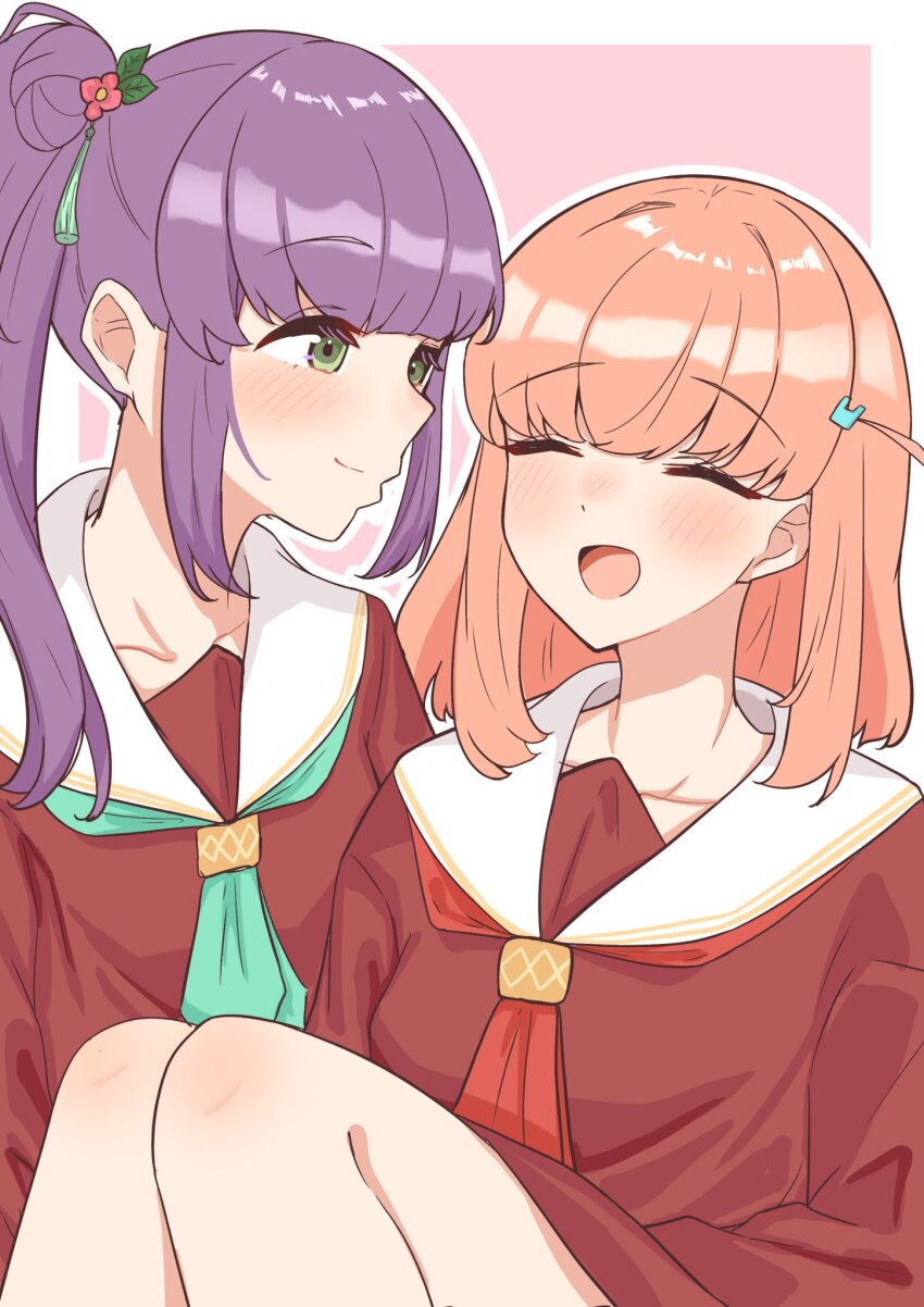 2girls, ^_^, border, brown_dress, carrying, cerise_bouquet, closed_eyes, closed_mouth