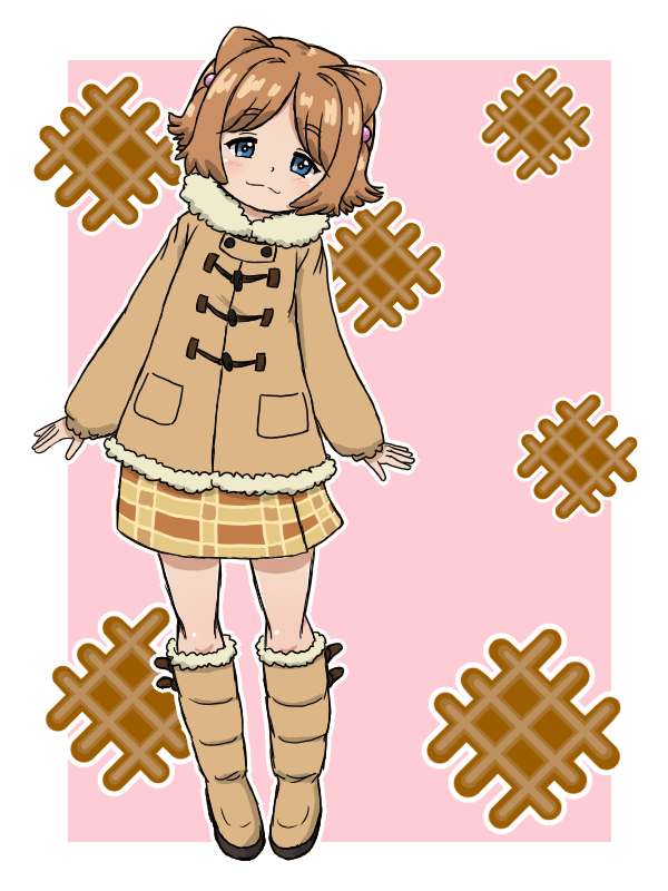 1girl, blue_eyes, boots, brown_boots, brown_coat, brown_hair, closed_mouth, coat
