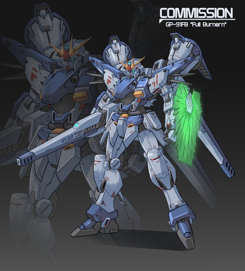 absurdres, arm_shield, arms_at_sides, beam_rifle, blue_eyes, clenched_hand, commission, energy_barrier, energy_gun, energy_shield, f91_gundam, full_body, fusion, glowing, glowing_eyes, gradient_background, gundam, gundam_0083, gundam_f91, gundam_gp-01_full_vernian_zephyranthes, highres, jellen_squish, legs_apart, mecha, mecha_focus, mobile_suit, no_humans, robot, science_fiction, shadow, standing, thrusters, v-fin, v2_assault-buster_gundam, victory_gundam, weapon, zoom_layer