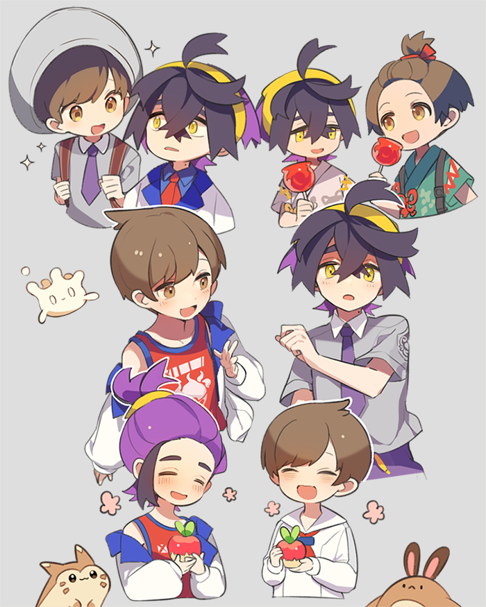 2boys, :<, :3, applin, black_hair, blush, brown_hair, candy_apple