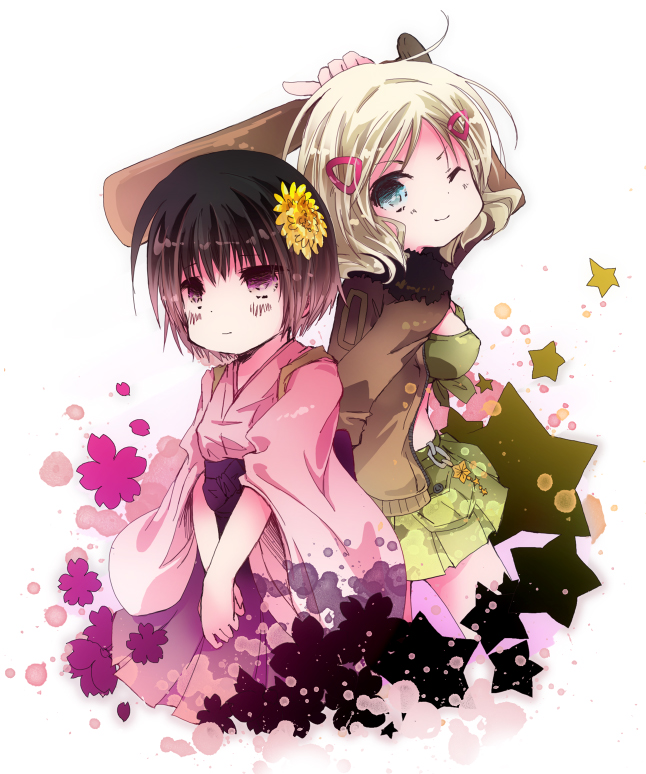 2girls, america_(female)_(hetalia), america_(hetalia), axis_powers_hetalia, bad_id, bad_pixiv_id, black_hair, blonde_hair, blue_eyes, flower, gender_request, genderswap, hair_ornament, hairclip, hosikurage, jacket, japan_(female)_(hetalia), japan_(hetalia), japanese_clothes, kimono, multiple_girls, one_eye_closed, wink