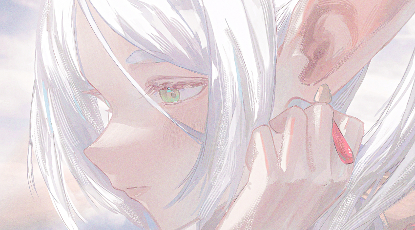 1girl, adjusting_earrings, blush, close-up, closed_mouth, cute_mdr, earrings, elf, frieren, green_eyes, half-closed_eyes, hand_up, highres, jewelry, long_hair, pointy_ears, portrait, solo, sousou_no_frieren, thick_eyebrows, twintails, white_hair