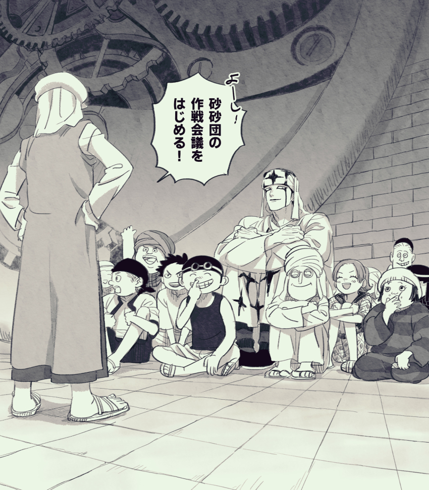 2girls, 6+boys, brick_wall, character_request, gears, greyscale, hands_on_own_hips, headdress