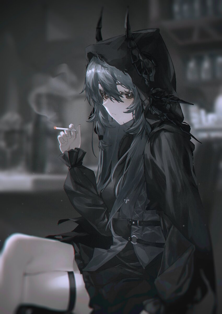 1girl, absurdres, black_dress, black_eyes, black_shirt, black_skirt, blurry, blurry_background