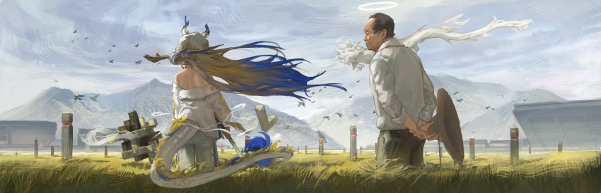 1boy, 1girl, absurdres, animal, arknights, bare_shoulders, bird, black_bird