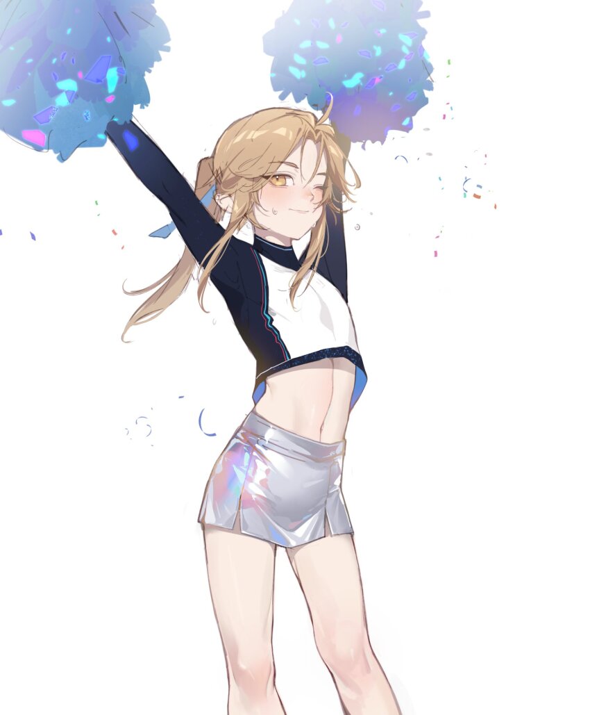 1boy, androgynous, bare_legs, black_shirt, blonde_hair, blush, character_request, cheerleader, chromatic_aberration, closed_mouth, crossdressing, crossdressing_(mtf), doupu41, feet_out_of_frame, highres, holding, holding_pom_poms, honkai:_star_rail, honkai_(series), long_hair, long_sleeves, male_focus, midriff, miniskirt, multicolored_shirt, navel, one_eye_closed, pom_pom_(cheerleading), pom_poms, ponytail, shiny_skirt, shirt, sidelocks, simple_background, skirt, smile, solo, sweat, trap, white_background, white_shirt, white_skirt, yanqing_(honkai:_star_rail)