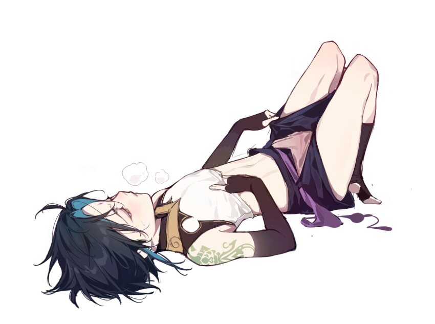 1boy, bare_legs, black_gloves, black_hair, blue_hair, breath, clothes_lift, doupu41