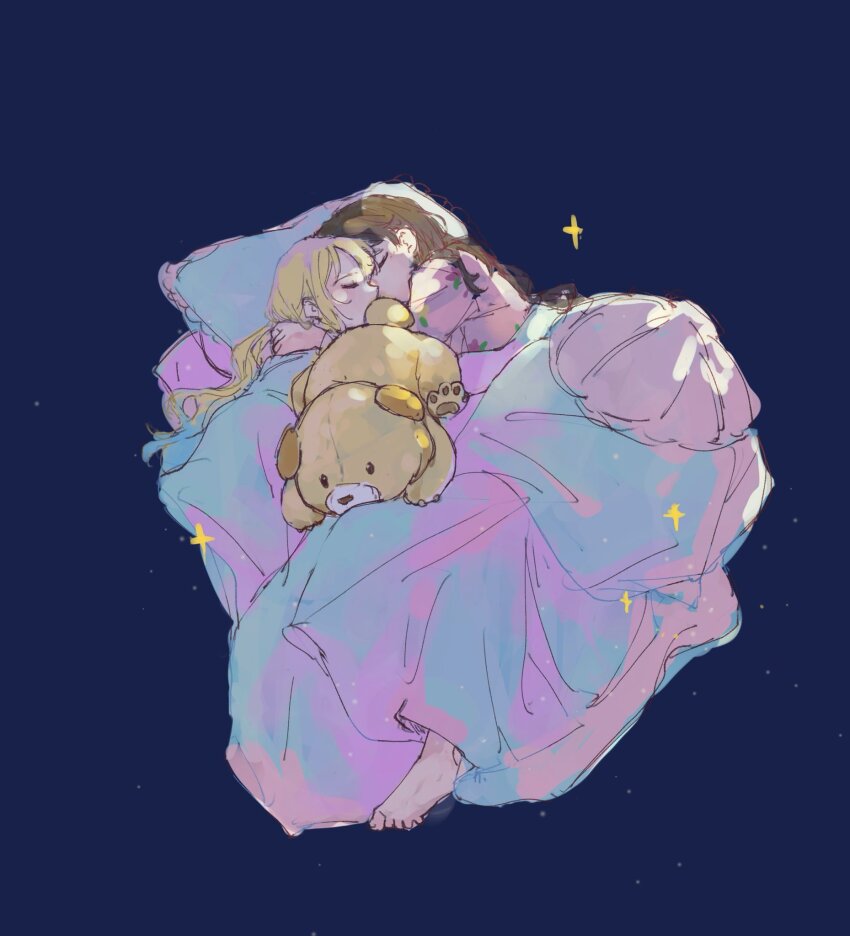 2girls, barefoot, blonde_hair, blue_background, blue_hair, brown_hair, closed_eyes, fujishima_megumi