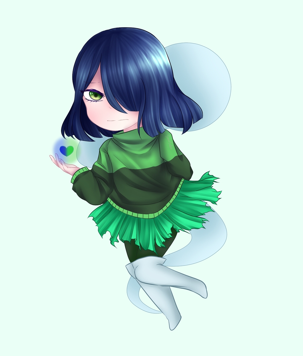 amber_lightvale, blue_hair, glitchtale, green_background, green_eyes, green_shirt, highres, sad, shirt, short_hair, skirt, undertale, utdr_(toby_fox)