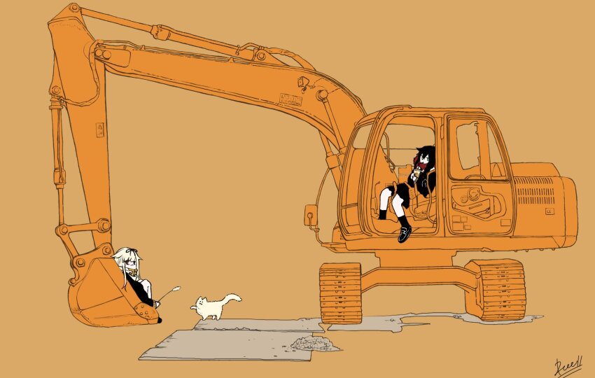 1girl, 2girls, animal, black_footwear, black_socks, cat, cattail, cb839