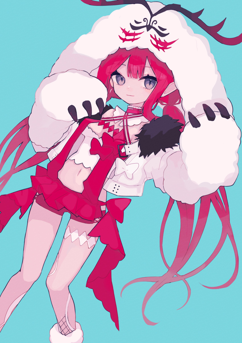 1girl, baobhan_sith_(fate), baobhan_sith_(swimsuit_pretender)_(first_ascension)_(fate), blue_background, breasts, camisole, cernunnos_(fate), character_hood, chiya_noki, cleavage, commentary_request, detached_collar, fate/grand_order, fate_(series), feet_out_of_frame, grey_eyes, hands_up, headwear_with_attached_mittens, highres, jacket, long_hair, looking_at_viewer, low_twintails, navel, open_clothes, pink_hair, pointy_ears, red_skirt, sidelocks, simple_background, skirt, smile, solo, twintails, white_camisole, white_footwear, white_jacket